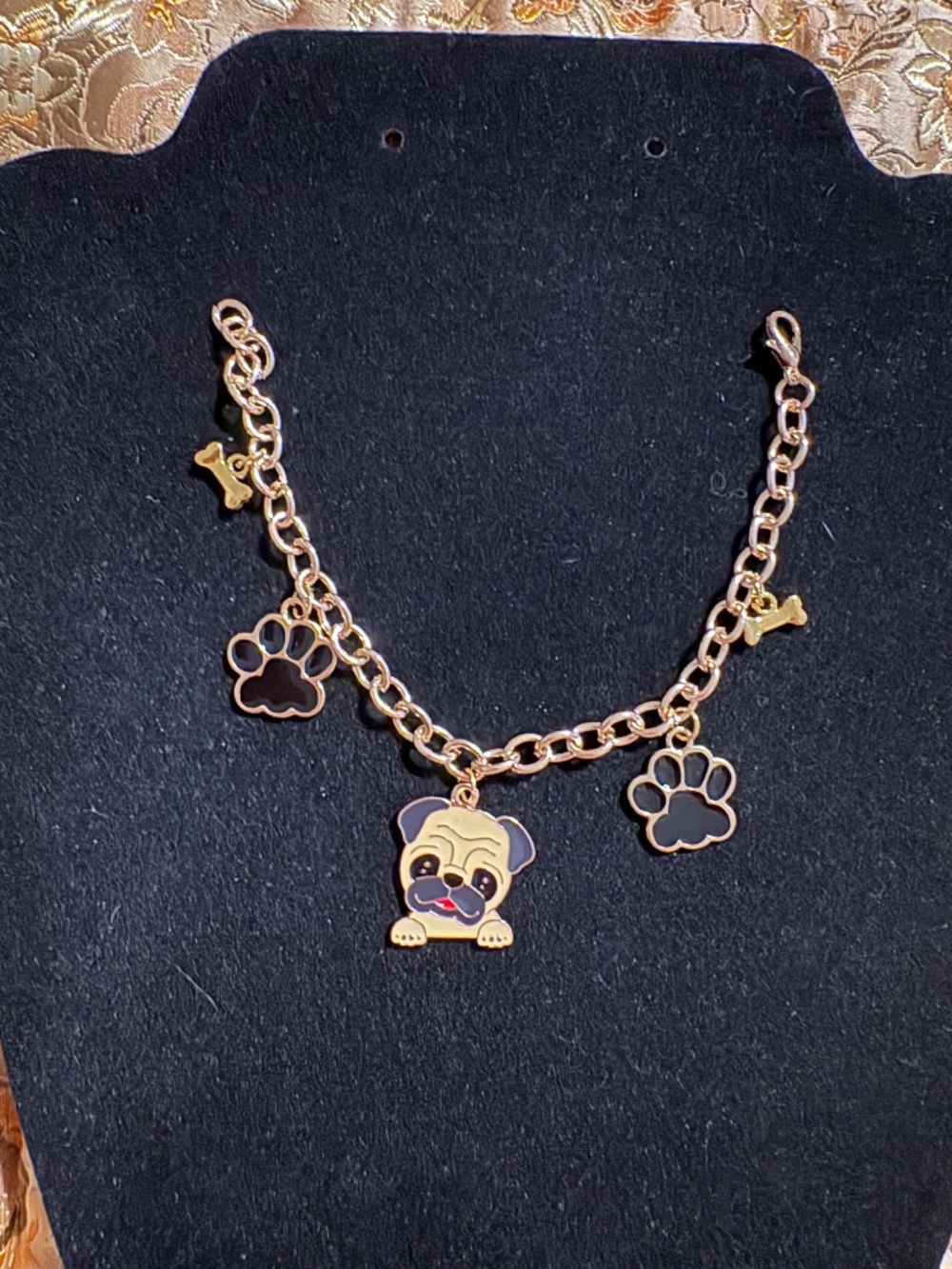 Parky’s Place Handmade Gold Pug Black Paw Charm Bracelet